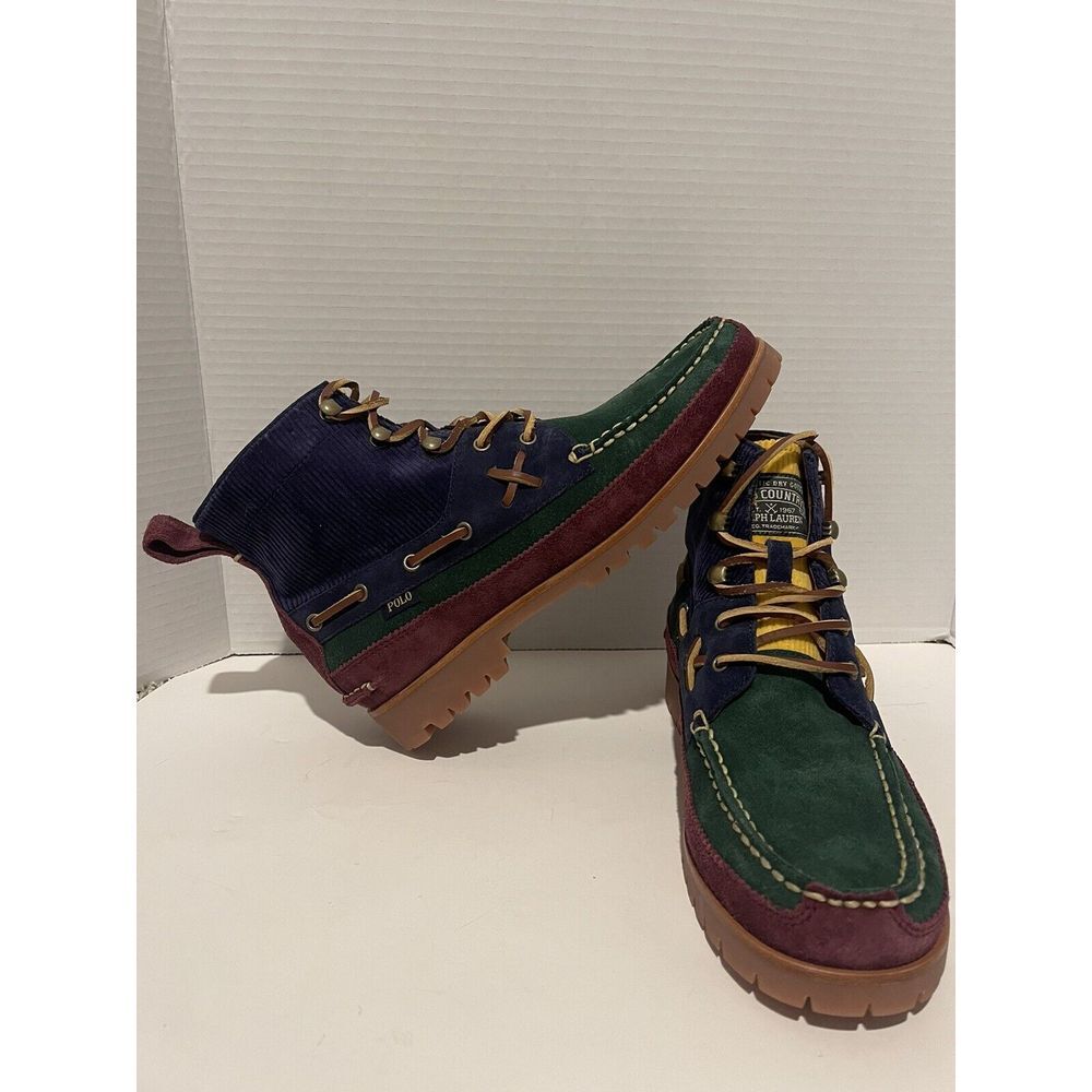 Polo Ralph Lauren Suede Corduroy Color Block‎ Ranger Boots Blue Red Green sz 9